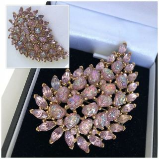 Vintage Jewellery Stunning Pink Opalite Marquise Crystal Leaf Brooch Pin