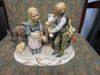 Vintage Arnart Porcelain Old Woman & Man Standing By A Horse Wagon Figurine