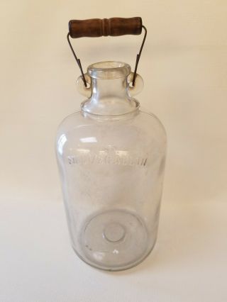 Vintage Full Half Gallon Glass Jug & Wood Handle