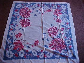 Vintage Red White & Blue Flower Tablecloth 38 X 38