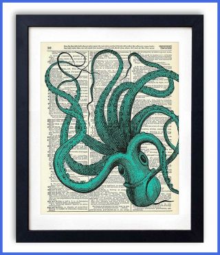 Blue Octopus Upcycled Vintage Dictionary Art Print 8x10 Home Decor