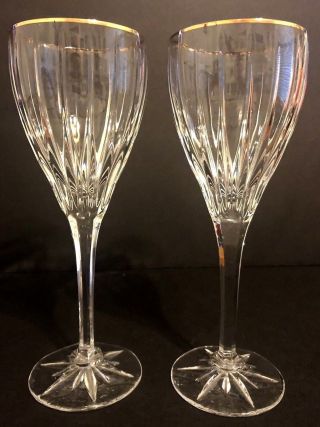 Vintage Pair Crystal Wine Glasses With Gold Rim 9 " Tall