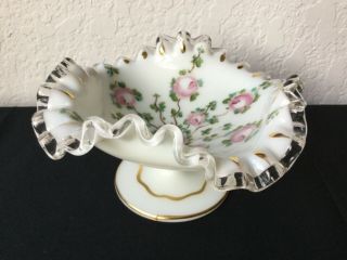 Stunning VINTAGE Fenton Hand Painted Footed Compote Charleton WITH LABEL.  EUC 2