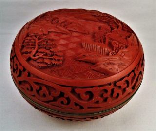 Vintage Carved Chinese Cinnabar Lacquer Lidded Box Blue Enamel On Brass 2 1/2x4