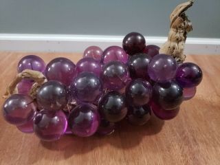 Vintage Acrylic Glass Lucite Grape Cluster Purple Large Driftwood Stem Retro 13 "