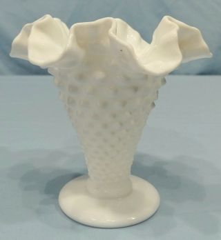 Vintage Fenton Milk Glass Hobnail Ruffled Trumpet Vase 5 1/2 Inch