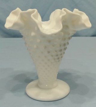 VINTAGE Fenton Milk Glass Hobnail Ruffled Trumpet Vase 5 1/2 Inch 4
