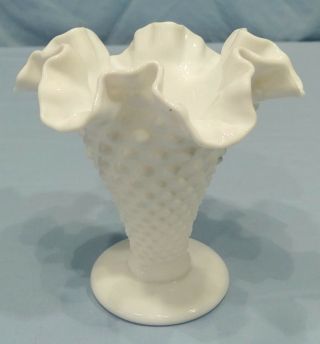 VINTAGE Fenton Milk Glass Hobnail Ruffled Trumpet Vase 5 1/2 Inch 5