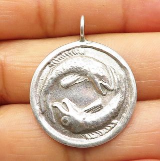 925 Sterling Silver - Vintage Embossed Pisces Symbol Zodiac Drop Pendant - P6808