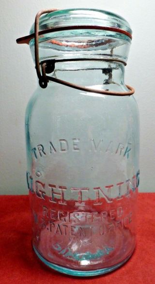 Vintage Aqua Putnam 2 " Trade Mark Lightning " One Quart Canning Jar Euc