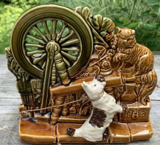Vintage Mccoy Pottery Spinning Wheel Planter Scottie Dog Cat 1953 Green Brown