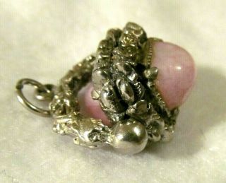 Victorian Vintage Etruscan Double Sided Rotating Pink Stone Silver Charm Fob