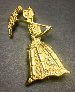 Vintage Brooch Pin Large Figural Gold Tone Victorian Lady Umbrella
