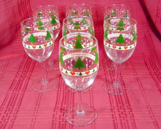 Libbey Christmas Tree Heart Wine Glasses Stemware 8 Oz Set Of 7 Vintage Holiday