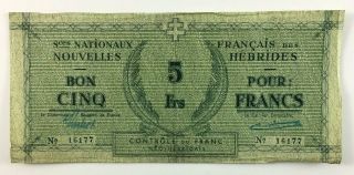 Vintage Hebrides 5 Francs Banknote Wwii Era Vanuatu 1943