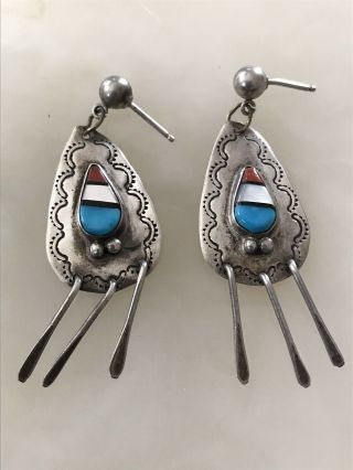 Vintage Native American Sterling Silver Multi Stone Stamped Earrings