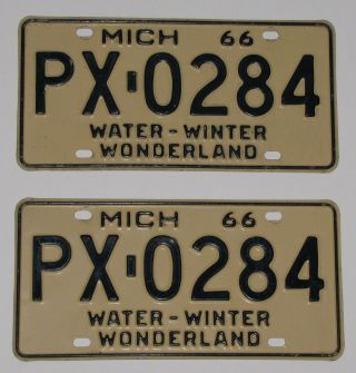 Vintage Michigan License Plate Set 1966 Mich Water Wonderland Beige Blue Pair 66