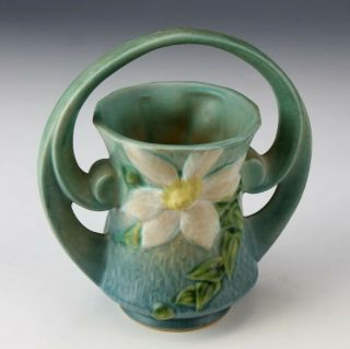 Vintage Roseville Usa Blue Clematis Flower Art Pottery Handle Vase Basket Nr Rlc