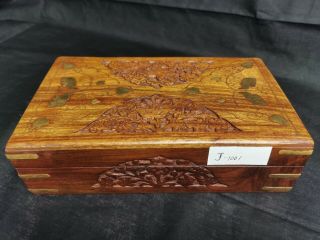 A Vintage Handmade Indian Wooden Jewelry Trinket Box With Brass Inlay