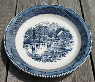 Vintage 10 " Pie Baking Plate In Currier And Ives Blue Royal Usa Early Winter