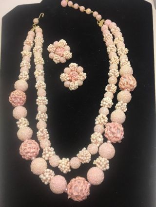 Vintage Pink Popcorn Double Strand Bead Necklace Clip Earring Set Japan Sugar