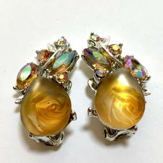 Czech Vintage Aurora Borealis Retro Clip On Earrings Set. 3