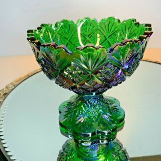 Pressed Glass Compote Emerald Green Vintage Iridescent Candy Dish R644