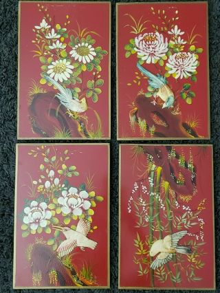 Vintage Oriental Japanese Hand Painted Bird Flower Wood Plaques 3d Birds Set 4