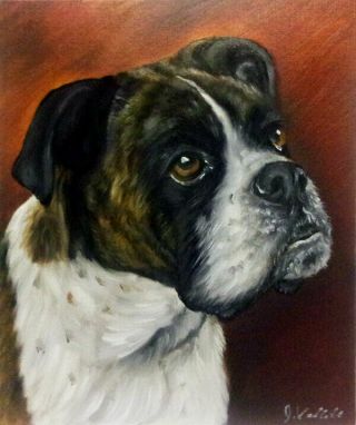 Boxer Dog Oil Painting Vintage Style Portrait Hand Painted.