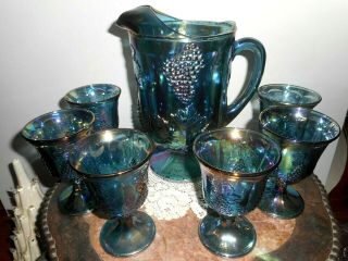 Vintage Indiana Blue Grapes Carnival Glass Pitcher & 6 Goblets