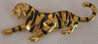 Vintage “saber Tooth” Tiger Brooch Pin Gold Tone Red Crystal Eye Statement Piece