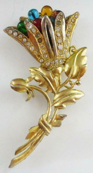 Lovely Vintage 3 - D Pot Metal Flower Pin Brooch W/protruding Glass & Rhinestones