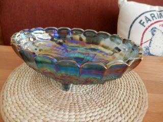 Vintage Carnival Glass/blue Iridescent/footed Harvest Grape Scalloped Bowl