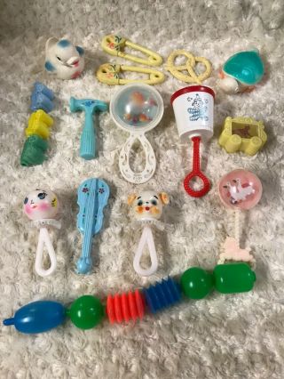 15 Vintage Baby Rattles Toys Plastic/ - Cellouid - Clown - Round Top