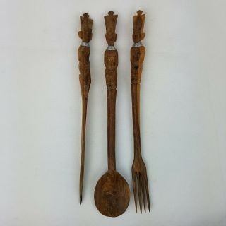 Vintage African Tribal Figural Salad Serving Fork Spoon Knife Hand Carved Wood
