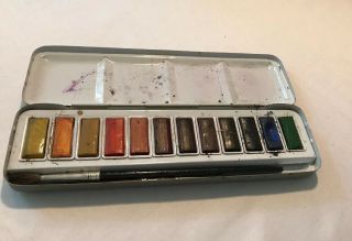 Vintage Water Colors In Grey Tin With 2 Brushes