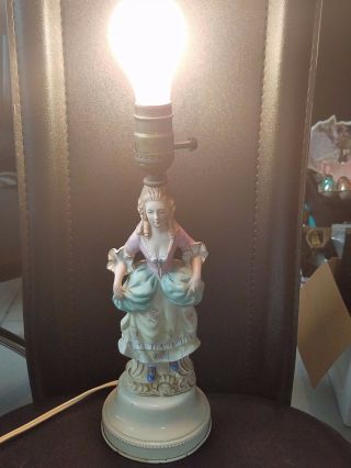 Vintage Hand Painted Female Figurine Lamp With Metal Base