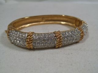 Vtg Swarovski Pave Rhinestone Gold Plated Hinged Bangle Bracelet - Swan Signed - Ha