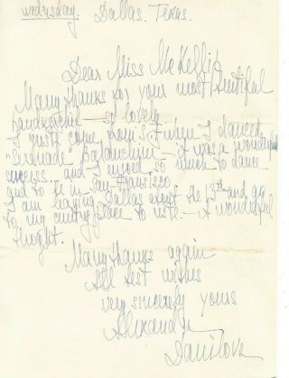Alexandra Danilova Vintage Handwritten Letter Signed 1952 Ballet