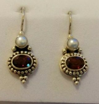 Baroque Style Vintage Sterling Silver Drop Earrings With Pearl & Garnet