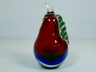 Vintage Art Glass Pear With Red And Blue Paperweight Decor