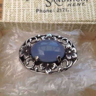 Vintage Sterling Silver And Blue Cabachon Cut Stone 1 " Brooch