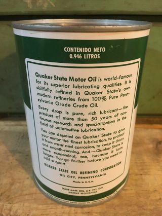Vintage Quaker State Motor Oil Can Quart Tin Advertising Sign Service Station 2