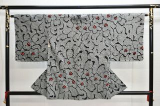 Vintage Silk Kimono Jacket:fully Shibori Black Cherry Blossom@yl76