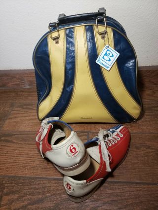 Vintage Brunswick Windjammer Blue Leather 1 - Ball Bowling Bag,  Retro Shoes & Rack