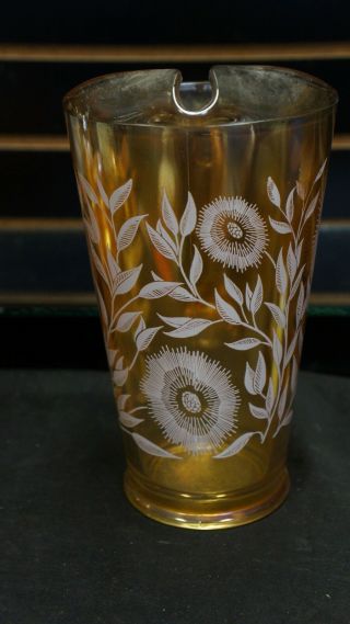 Vintage Iridescent Amber W/white Flowers Carnival Glass Pitcher Apprx 10 T X 6 W