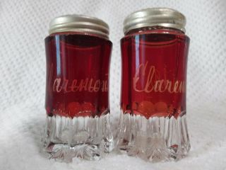 Vintage Eapg Ruby Glass Matching Salt & Pepper Shakers Marked " Claremont S.  D.  "