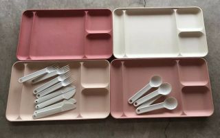 Set Of 4 Vintage Tupperware Divided Picnic Lunch Snack Trays With Utensils