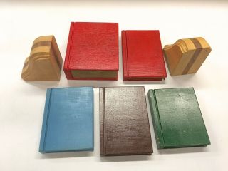 Vintage Wooden Block Books Handmade Set Each Painted W Unpainted Bookends Signed