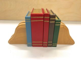 Vintage Wooden Block Books Handmade Set Each Painted w Unpainted Bookends Signed 2
